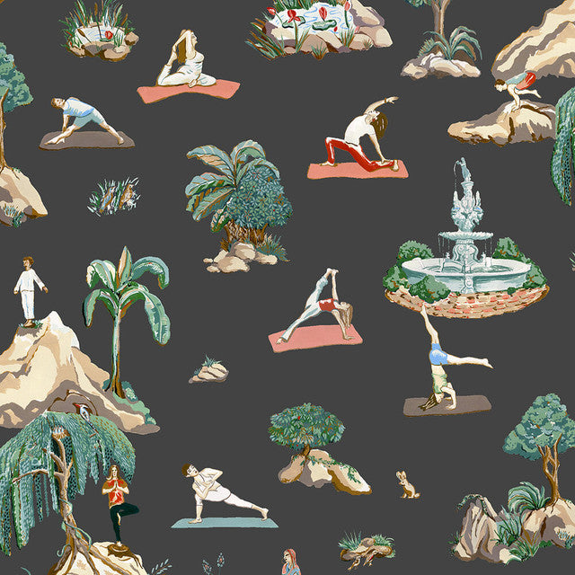 Forest Yoga Wallcovering by Merenda Wallpaper - Natural on Charcoal