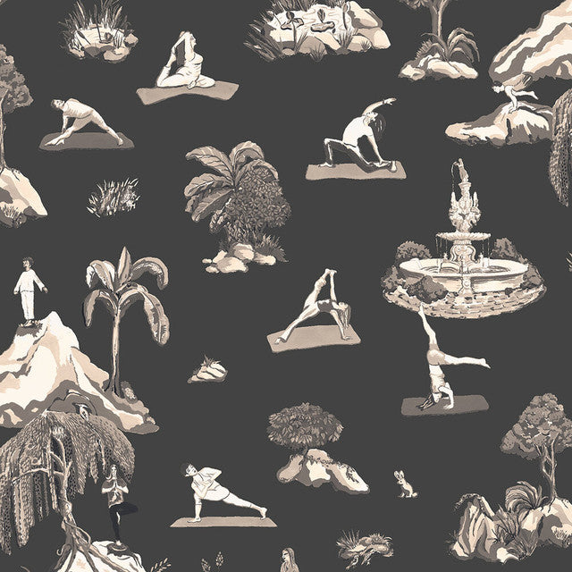 Forest Yoga Wallcovering by Merenda Wallpaper - Sepia on Charcoal