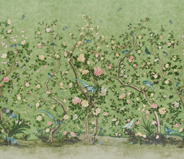 les-oiseaux-panel-set-wallcovering-by-schumacher-temp - Apple Green