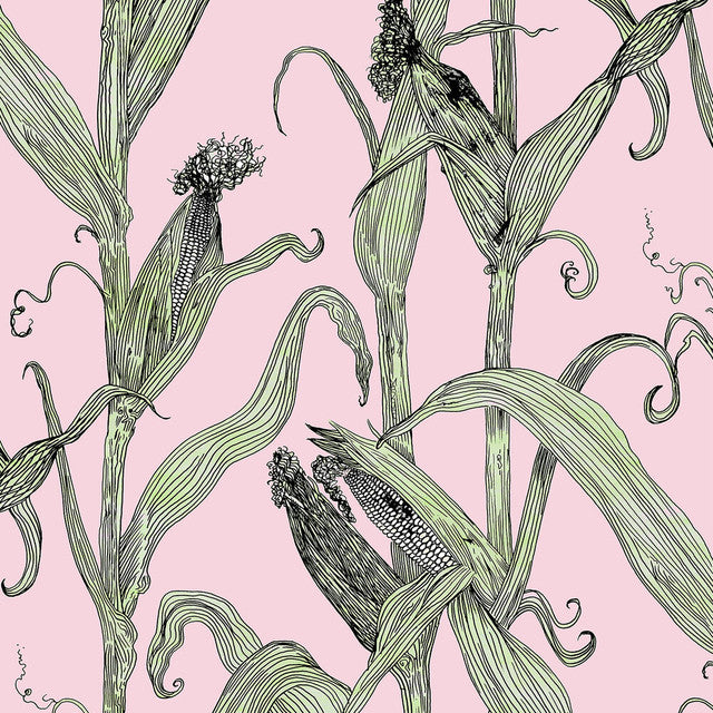 Mais Wallcovering by Merenda Wallpaper - Green Leaf on Pink