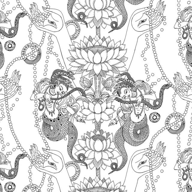 Naga Lotus Wallcovering by Merenda Wallpaper - Black
