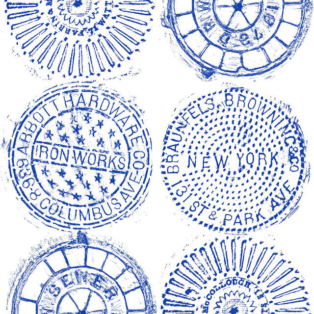 NYC Manhole Wallcovering by Merenda Wallpaper - Blue on White