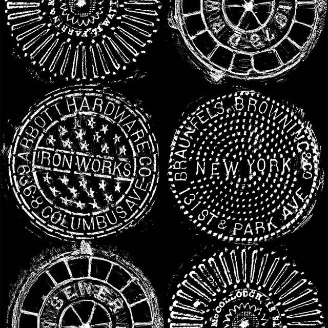 NYC Manhole Wallcovering by Merenda Wallpaper - White on Black