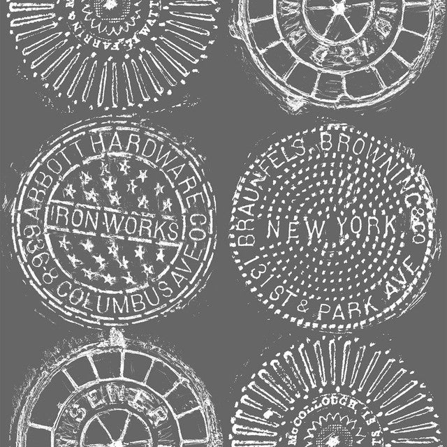 NYC Manhole Wallcovering by Merenda Wallpaper - White on Charcoal