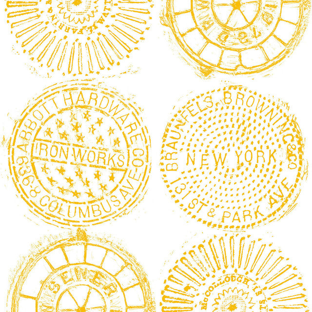 NYC Manhole Wallcovering by Merenda Wallpaper - Gold on White