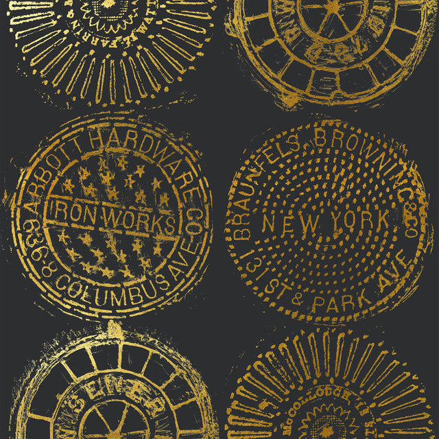 NYC Manhole Wallcovering by Merenda Wallpaper - Gold on Eclipse