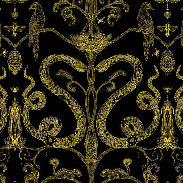 Snake Party Wallcovering by Merenda Wallpaper - Gold on Black