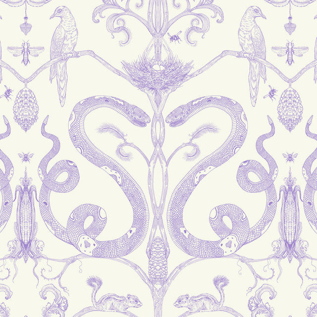 Snake Party Wallcovering by Merenda Wallpaper - Lilac on Cream