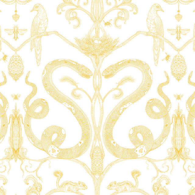 Snake Party Wallcovering by Merenda Wallpaper - Gold on White