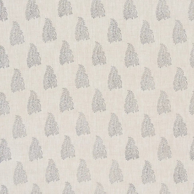 Peacock Linen Hand Blocked Print Fabric by Schumacher - Navy & Flax